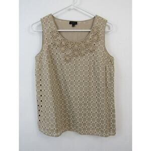 Talbots Size 6 Beige Sleeveless Tank Top with Lace Overlay and Floral Accents